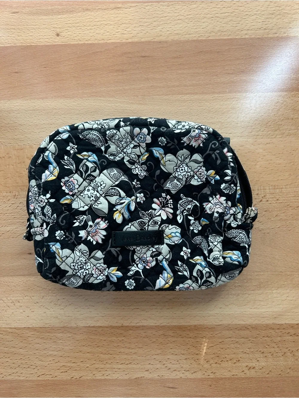 Vera Bradley Black Floral Quilted Makeup Case with Cream & Blue Accents